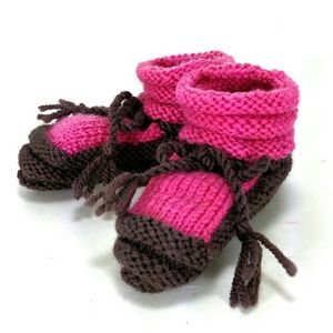 Hand Knit Baby Booties Slippers Shoes Pink & brown